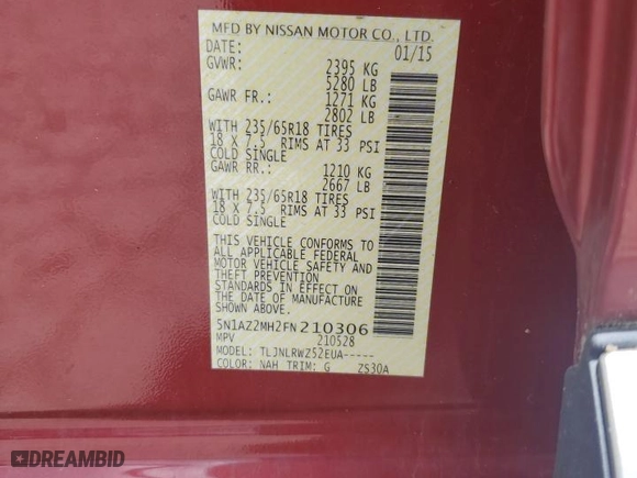 2015 Nissan Murano Platinum with VIN 5N1AZ2MH2FN210306, listed as a Copart auction lot 53768064 with 100,544 mi miles and Salvage Title. Bid and sale history available at carsss.com. Image 12.