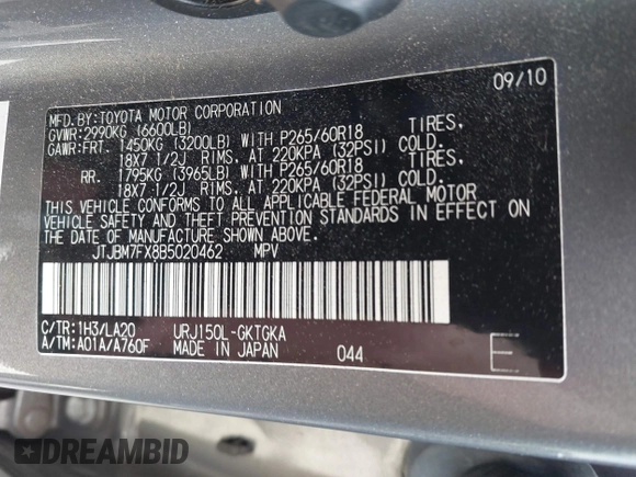 2011 Lexus GX 460 with VIN JTJBM7FX8B5020462, listed as a IAAI auction lot 41953856 with 201,311 mi miles. Bid and sale history available at carsss.com. Image 9.