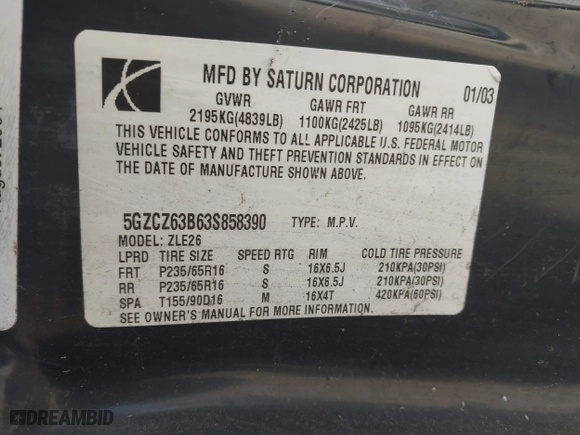 2003 Saturn VUE with VIN 5GZCZ63B63S858390, listed as a IAAI auction lot 41705563 with 121,576 mi miles. Bid and sale history available at carsss.com. Image 9.