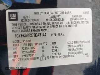2007 Cadillac Escalade z VIN 1GYFK63827R347144, wystawiony jako IAAI lot #42265376 z przebiegiem 240 898 mil mil oraz . Historia ofert i sprzedaży dostępna na DreamBid. Obrazek 9.