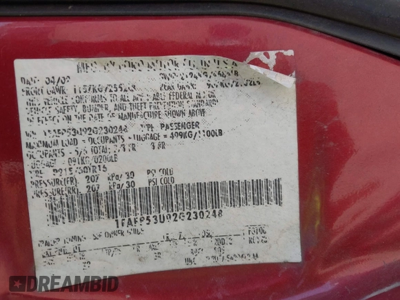 2002 Ford Taurus SE Standard with VIN 1FAFP53U92G230248, listed as a IAAI auction lot 42580676 with 122,118 mi miles and . Bid and sale history available at DreamBid. Image 9.
