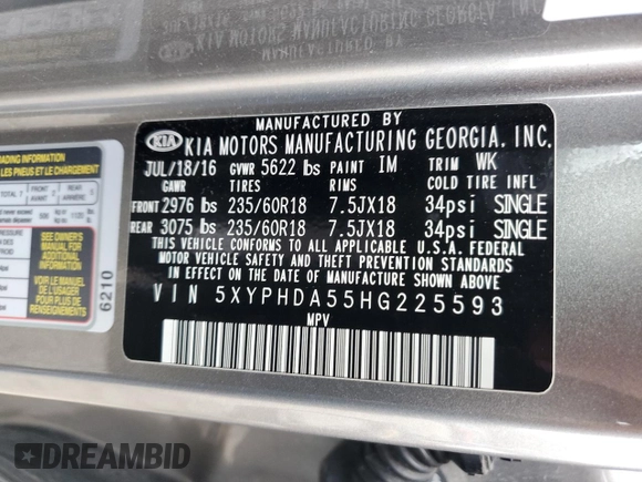 2017 Kia Sorento EX with VIN 5XYPHDA55HG225593, listed as a Copart auction lot 52734715 with 64,423 mi miles and Salvage Title. Bid and sale history available at DreamBid. Image 14.