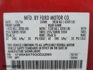 2016 Ford Explorer Platinum with VIN 1FM5K8HT5GGD22093, listed as a Copart auction lot 85421524 with 0 mi miles and Salvage Title. Bid and sale history available at carsss.com. Image 13.