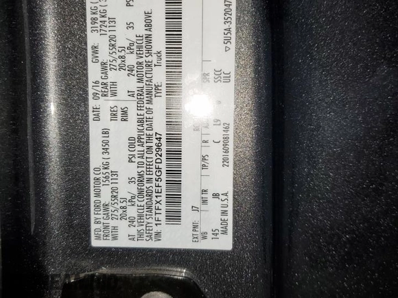 2016 Ford F-150 XLT with VIN 1FTFX1EF5GFD29647, listed as a Copart auction lot 87866955 with 0 mi miles and Salvage Title. Bid and sale history available at carsss.com. Image 14.