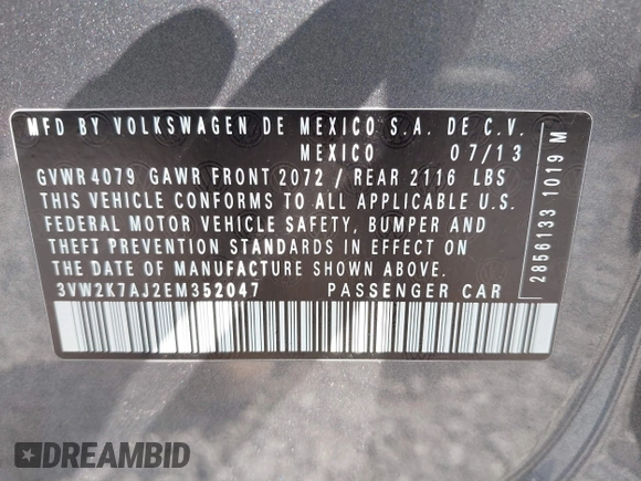 2014 Volkswagen Jetta S with VIN 3VW2K7AJ2EM352047, listed as a IAAI auction lot 42556420 with 104,798 mi miles and . Bid and sale history available at DreamBid. Image 9.