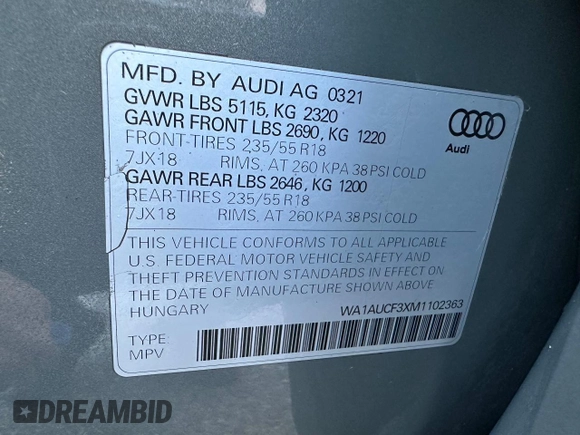 2021 Audi Q3 Premium z VIN WA1AUCF3XM1102363, wystawiony jako Copart lot #58672195 z przebiegiem 208 956 mil mil oraz Czysty tytuł • Clean title. Historia ofert i sprzedaży dostępna na DreamBid. Obrazek 10.