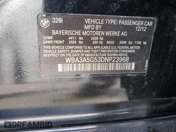 2013 BMW 3 Series 328i with VIN WBA3A5G53DNP23968, listed as a Copart auction lot 50980755 with 132,426 mi miles and Non Repairable. Bid and sale history available at carsss.com. Image 12.