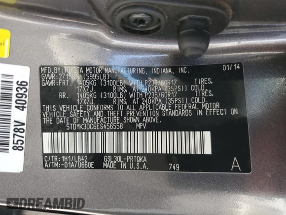 2014 Toyota Sienna XLE with VIN 5TDYK3DC6ES456558, listed as a Copart auction lot 63106085 with 231,260 mi miles and Salvage title. Bid and sale history available at DreamBid. Image 13.