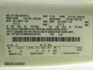 2019 Ford F-150 XL с VIN 1FTEX1C50KKC03721, выставлен на аукционе IAAI как лот 42449106 с пробегом 117 282 миль миль и . История ставок и продаж доступна на DreamBid. Изображение 9.