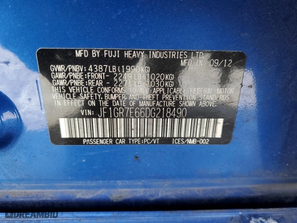 2013 Subaru Impreza Wagon WRX WRX with VIN JF1GR7E66DG218490, listed as a Copart auction lot 87644575 with 0 mi miles and Salvage Title. Bid and sale history available at carsss.com. Image 12.