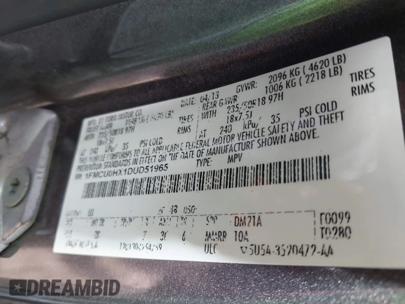 2013 Ford Escape SEL with VIN 1FMCU0HX1DUD51965, listed as a IAAI auction lot 41667262 with 164,493 mi miles and . Bid and sale history available at DreamBid. Image 9.