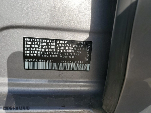 2013 Volkswagen Golf with VIN WVWDA7AJ3DW119517, listed as a Copart auction lot 53374705 with 121,816 mi miles and Salvage Title. Bid and sale history available at carsss.com. Image 12.