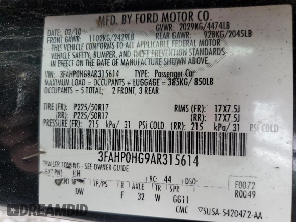 2010 Ford Fusion SE with VIN 3FAHP0HG9AR315614, listed as a Copart auction lot 50540985 with 175,806 mi miles and Salvage Title. Bid and sale history available at DreamBid. Image 15.