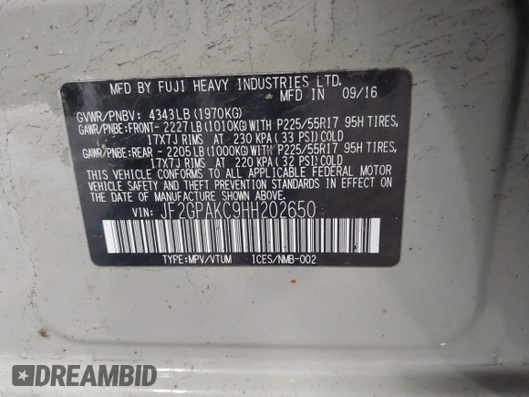 2017 Subaru Crosstrek Limited with VIN JF2GPAKC9HH202650, listed as a IAAI auction lot 42039841 with 169,272 mi miles and . Bid and sale history available at DreamBid. Image 9.