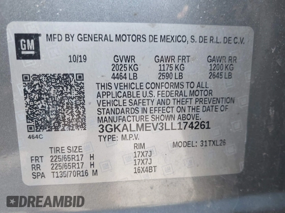 2020 GMC Terrain SLE with VIN 3GKALMEV3LL174261, listed as a IAAI auction lot 41797297 with 75,094 mi miles and . Bid and sale history available at carsss.com. Image 9.