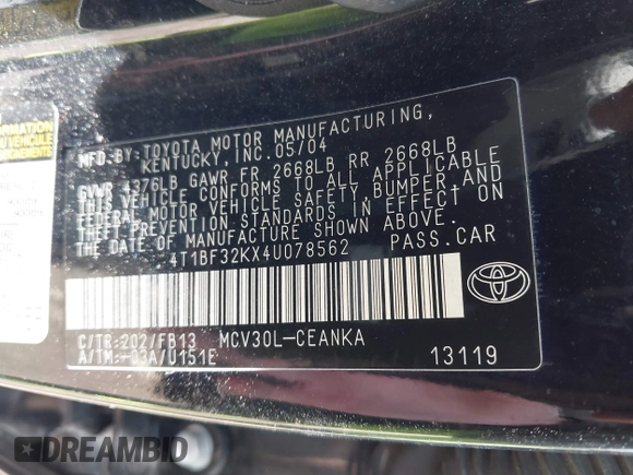 2004 Toyota Camry LE with VIN 4T1BF32KX4U078562, listed as a IAAI auction lot 41849865 with 1 mi miles. Bid and sale history available at carsss.com. Image 9.