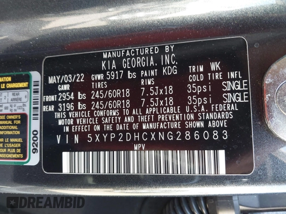 2022 Kia Telluride LX z VIN 5XYP2DHCXNG286083, wystawiony jako IAAI lot #42455962 z przebiegiem 24 599 mil mil oraz . Historia ofert i sprzedaży dostępna na DreamBid. Obrazek 9.