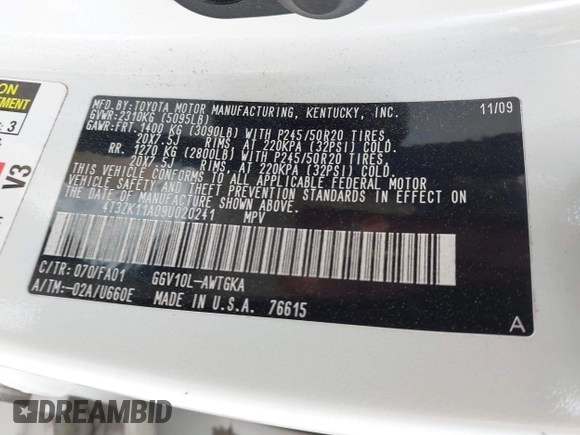 2009 Toyota Venza z VIN 4T3ZK11A09U020241, wystawiony jako IAAI lot #42335397 z przebiegiem 143 816 mil mil oraz . Historia ofert i sprzedaży dostępna na DreamBid. Obrazek 9.