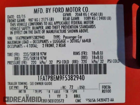 2015 Ford Mustang V6 with VIN 1FATP8EM9F5382940, listed as a Copart auction lot 56762445 with 47,155 mi miles and Salvage title. Bid and sale history available at DreamBid. Image 13.