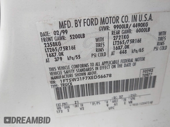 1999 Ford F-350 XL with VIN 1FTSW31F7XED56678, listed as a IAAI auction lot 42440204 with 299,170 mi miles and . Bid and sale history available at DreamBid. Image 9.