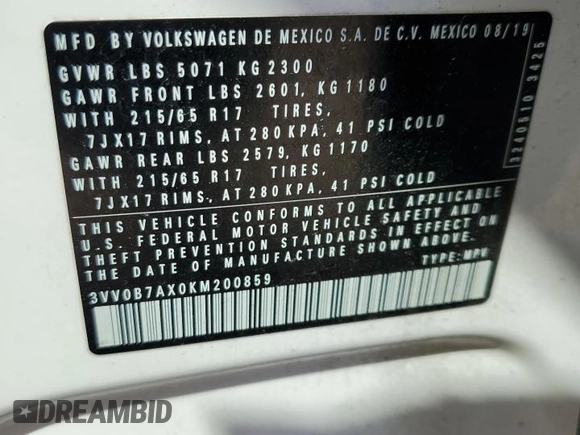 2019 Volkswagen Tiguan S z VIN 3VV0B7AX0KM200859, wystawiony jako Copart lot #53995675 z przebiegiem 71 737 mil mil oraz Szkoda całkowita • Salvage title. Historia ofert i sprzedaży dostępna na DreamBid. Obrazek 13.