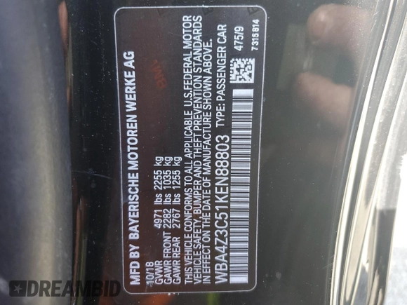 2019 BMW 4 Series 430i xDrive with VIN WBA4Z3C51KEN88803, listed as a Copart auction lot 50422424 with 47,588 mi miles and Salvage title. Bid and sale history available at DreamBid. Image 12.