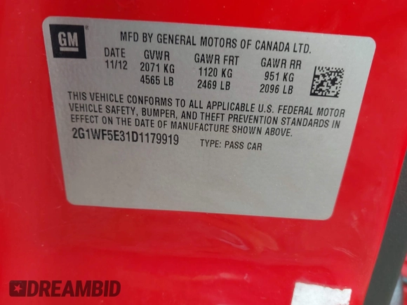 2013 Chevrolet Impala LS with VIN 2G1WF5E31D1179919, listed as a IAAI auction lot 42058911 with 191,263 mi miles and . Bid and sale history available at DreamBid. Image 9.