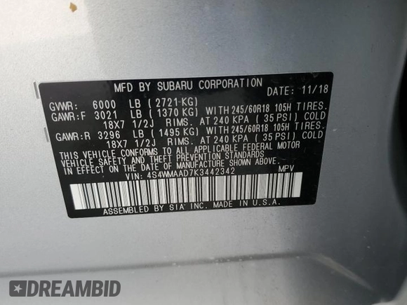 2019 Subaru Ascent with VIN 4S4WMAAD7K3442342, listed as a Copart auction lot 76063764 with 55,118 mi miles and Salvage title. Bid and sale history available at DreamBid. Image 14.