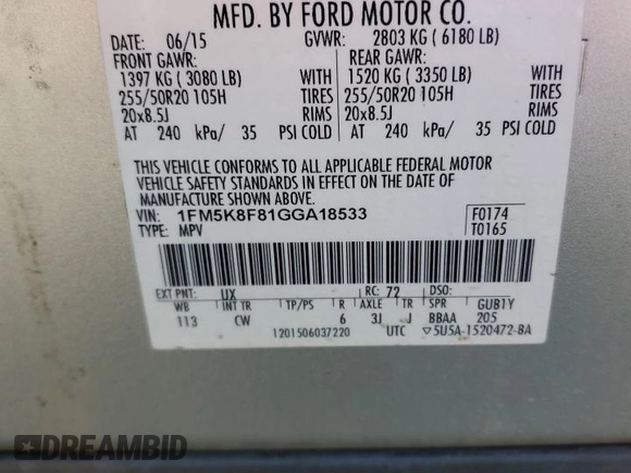 2016 Ford Explorer Limited with VIN 1FM5K8F81GGA18533, listed as a Copart auction lot 75524674 with 125,171 mi miles and Salvage Title. Bid and sale history available at carsss.com. Image 13.