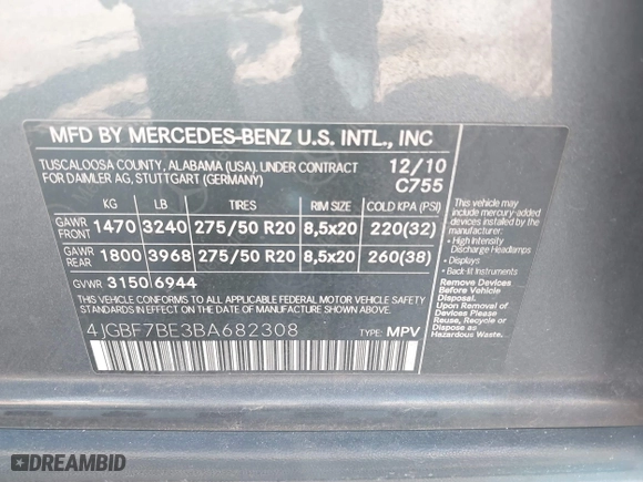 2011 Mercedes-Benz GL-Class GL 450 with VIN 4JGBF7BE3BA682308, listed as a IAAI auction lot 41729779 with 129,771 mi miles. Bid and sale history available at carsss.com. Image 9.
