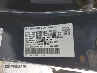 2020 Honda Odyssey EX with VIN 5FNRL6H53LB071314, listed as a Copart auction lot 46994745 with Not Provided miles and Salvage Title. Bid and sale history available at DreamBid. Image 13.