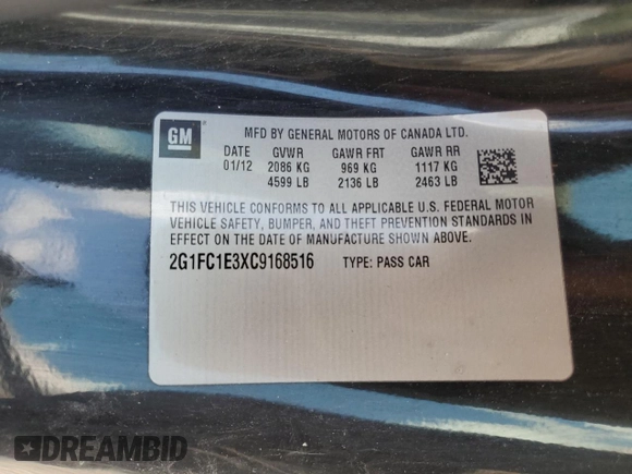 2012 Chevrolet Camaro 2LT with VIN 2G1FC1E3XC9168516, listed as a Copart auction lot 56831515 with 225,565 mi miles and Salvage title. Bid and sale history available at DreamBid. Image 12.