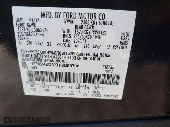 2017 Ford Explorer XLT z VIN 1FM5K8D8XHGB89706, wystawiony jako IAAI lot #40753077 z przebiegiem 96 578 mil mil oraz . Historia ofert i sprzedaży dostępna na DreamBid. Obrazek 9.