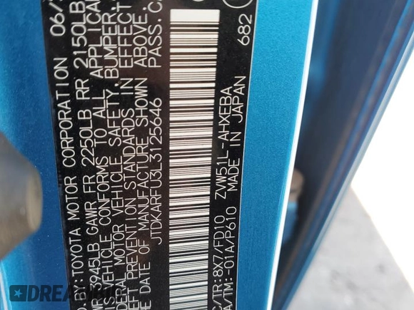 2020 Toyota Prius L Eco z VIN JTDKARFU3L3125646, wystawiony jako Copart lot #52942245 z przebiegiem 104 999 mil mil oraz Szkoda całkowita • Salvage title. Historia ofert i sprzedaży dostępna na DreamBid. Obrazek 14.