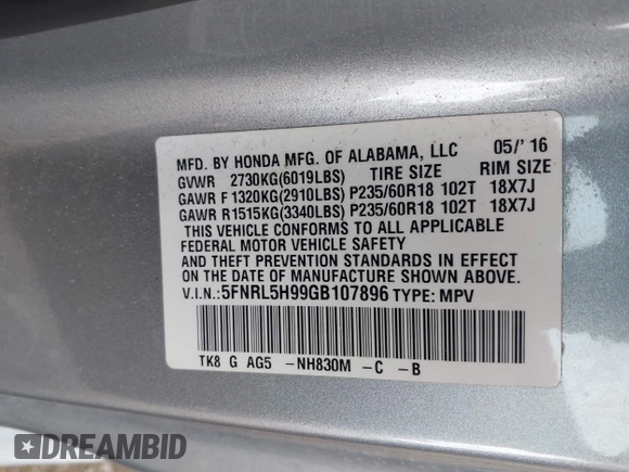 2016 Honda Odyssey Touring Elite with VIN 5FNRL5H99GB107896, listed as a IAAI auction lot 42040395 with 162,120 mi miles and . Bid and sale history available at carsss.com. Image 9.