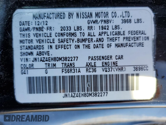 2013 Nissan 370Z with VIN JN1AZ4EH8DM382277, listed as a Copart auction lot 39709824 with 118,925 mi miles and Salvage Title. Bid and sale history available at carsss.com. Image 14.