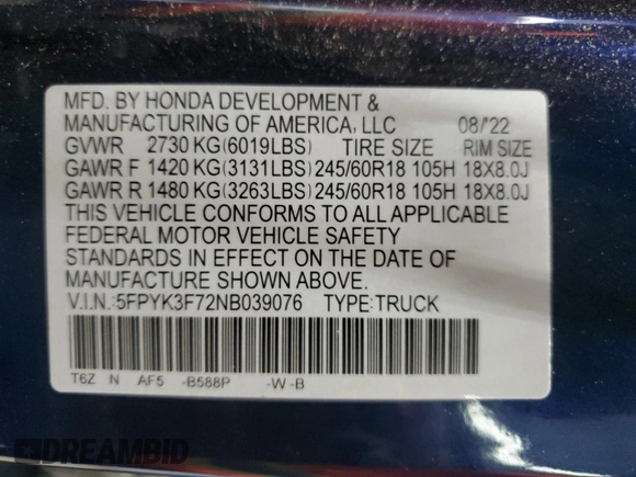 2022 Honda Ridgeline RTL-E with VIN 5FPYK3F72NB039076, listed as a Copart auction lot 53978815 with 55,828 mi miles and Salvage Title. Bid and sale history available at DreamBid. Image 12.