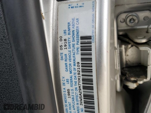 2000 Volkswagen Jetta GLS z VIN 3VWSA29M7YM192109, wystawiony jako Copart lot #72888334 z przebiegiem 195 082 mil mil oraz Szkoda całkowita • Salvage title. Historia ofert i sprzedaży dostępna na DreamBid. Obrazek 12.