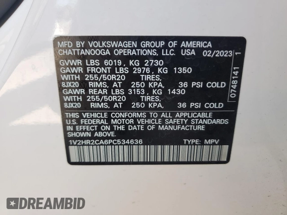 2023 Volkswagen Atlas SE с VIN 1V2HR2CA6PC534636, выставлен на аукционе Copart как лот 57230195 с пробегом 21 961 миль миль и Списание • Salvage title. История ставок и продаж доступна на DreamBid. Изображение 13.