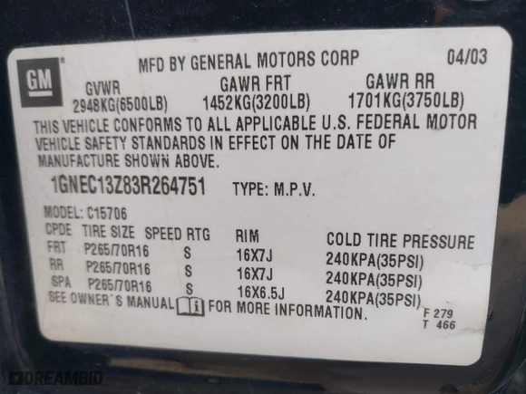 2003 Chevrolet Tahoe LT with VIN 1GNEC13Z83R264751, listed as a IAAI auction lot 41898933 with 300,977 mi miles. Bid and sale history available at carsss.com. Image 9.