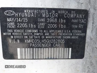 2016 Hyundai Elantra with VIN KMHD35LH5GU282805, listed as a IAAI auction lot 42461015 with 81,241 mi miles and . Bid and sale history available at DreamBid. Image 9.