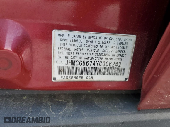 2000 Honda Accord SE with VIN JHMCG5674YC006242, listed as a Copart auction lot 51856525 with 287,160 mi miles and Salvage title. Bid and sale history available at DreamBid. Image 14.