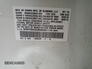 2016 Honda Pilot EX with VIN 5FNYF6H3XGB066361, listed as a Copart auction lot 49820645 with 106,666 mi miles and Salvage Title. Bid and sale history available at carsss.com. Image 13.