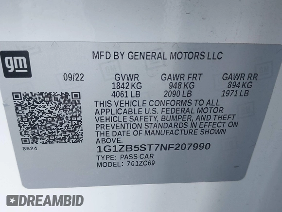 2022 Chevrolet Malibu LS with VIN 1G1ZB5ST7NF207990, listed as a IAAI auction lot 41402217 with 32,838 mi miles and . Bid and sale history available at DreamBid. Image 9.