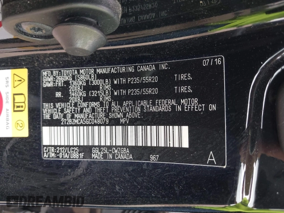 2016 Lexus RX 350 with VIN 2T2BZMCA5GC048079, listed as a IAAI auction lot 42503010 with 50,829 mi miles and . Bid and sale history available at DreamBid. Image 9.