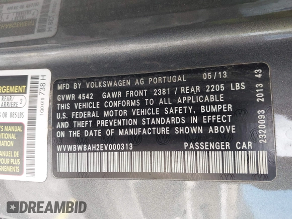 2014 Volkswagen Eos Sport with VIN WVWBW8AH2EV000313, listed as a IAAI auction lot 42333112 with 106,125 mi miles and . Bid and sale history available at DreamBid. Image 9.