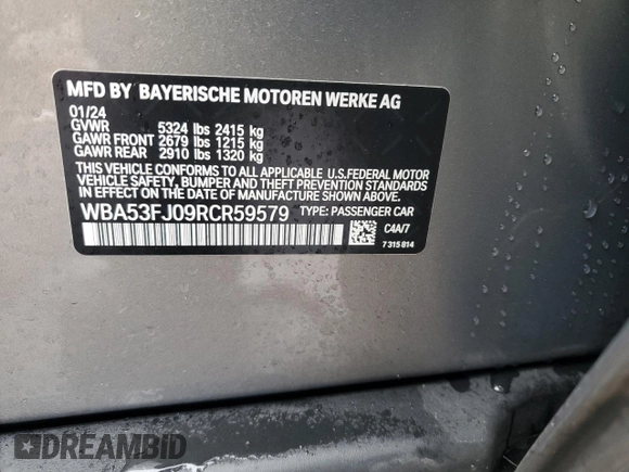 2024 BMW 5 Series 530i xDrive with VIN WBA53FJ09RCR59579, listed as a Copart auction lot 44914145 with 5,632 mi miles and Salvage Title. Bid and sale history available at carsss.com. Image 12.