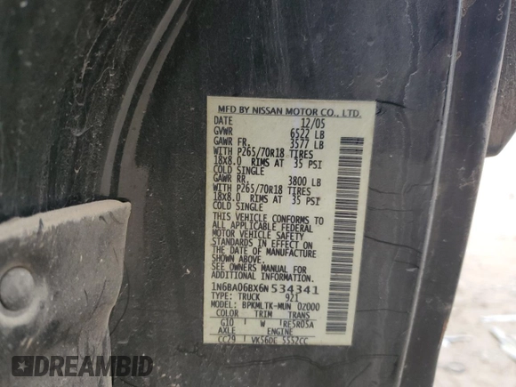 2006 Nissan Titan SE with VIN 1N6BA06BX6N534341, listed as a Copart auction lot 46080875 with 258,072 mi miles and Salvage Title. Bid and sale history available at carsss.com. Image 13.