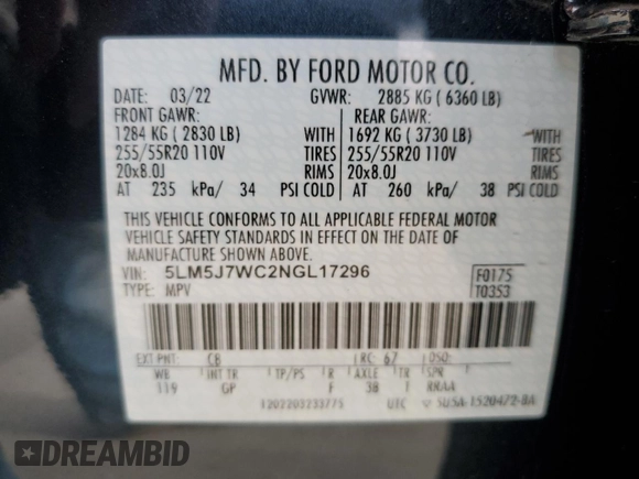 2022 Lincoln Aviator Reserve z VIN 5LM5J7WC2NGL17296, wystawiony jako Copart lot #48116645 z przebiegiem 39 385 mil mil oraz Szkoda całkowita • Salvage title. Historia ofert i sprzedaży dostępna na DreamBid. Obrazek 12.