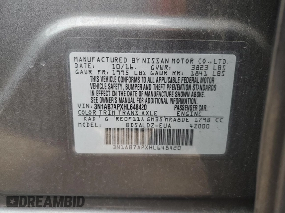 2017 Nissan Sentra SV with VIN 3N1AB7APXHL648420, listed as a Copart auction lot 46374755 with 150,746 mi miles and Salvage Title. Bid and sale history available at carsss.com. Image 14.